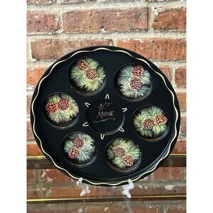 Vintage MCM Maine Black Gold Pine Cone Needle Tin Souvenir Tray Drink Serving 11